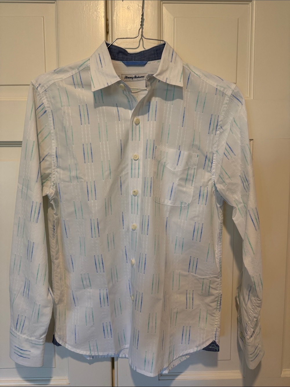 Tommy Bahama White Shirt with Blue & Green Micro Stripe Pattern